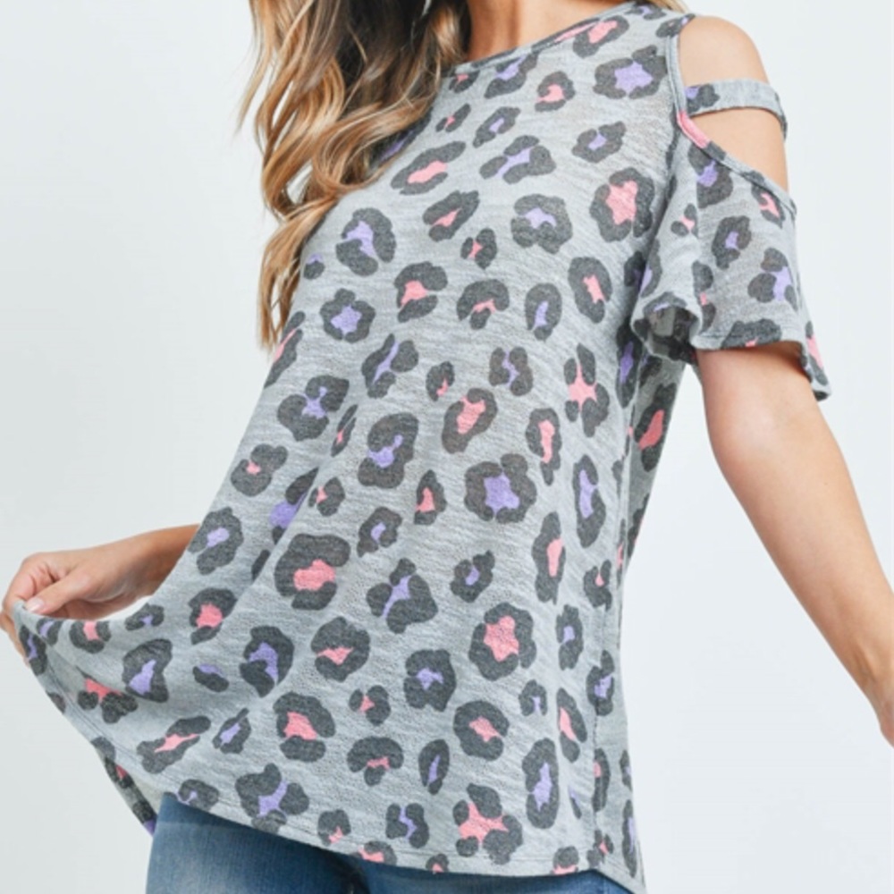 Animal Print Gray Cold Shoulder Top New - Various Sizes